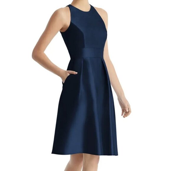 COPY - Alfred Sung Midnight Blue Jewel Neck Satin Cocktail Dress - Picture 1 of 2